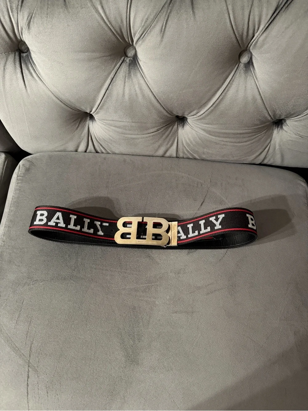 Bally Black Webbing Logo Belt with Gold Double-B Buckle